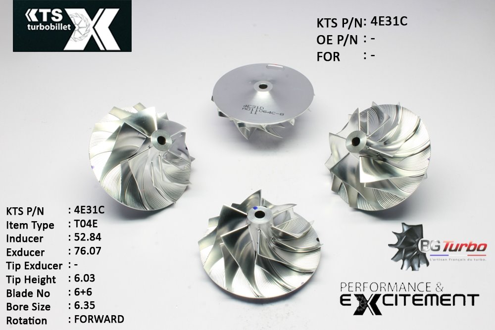 Turbo ROUE FORGÉE MFS PERFORMANCE - 6+6 PALES - INDUCER : 52,84 - EXDUCER : 76,07 - TYPE : T04EANGLE : 55° - ROTATION : Forward - SUPER BACK : 4,97 - BORE SIZE : 6,35
